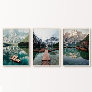 Mountain Lake Landscape Set of 3 Prints DIGITAL, Canoe Printable Art, Nature Nordic Photography, Dolomites Mountain Cabin Large Wall Art