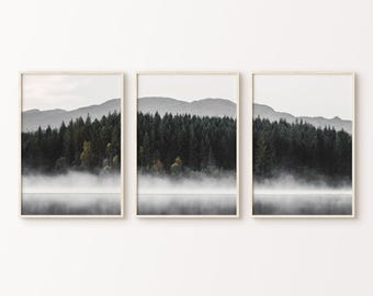 Foggy Forest Set of 3 Prints DIGITAL, Winter Mountain Landscape Poster, Misty Forest Large 3 Pieces Wall Art, Nordic Nature Photography Set