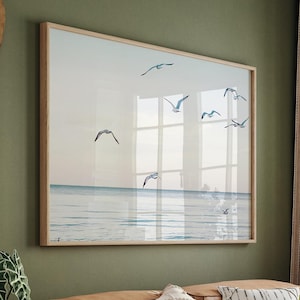 Coastal Photography, Printable Ocean Waves Print, Muted Modern Seascape Poster, Birds Calm Beach Large Wall Art, Instant Download