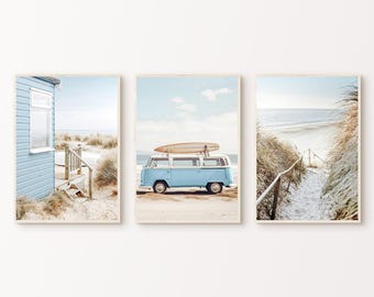 Boho Beach Set of 3 Prints, Printable Coastal 6 Pieces Wall Art, Ocean Landscape Photography, Pampass Grass Art, Beach Poster Decor