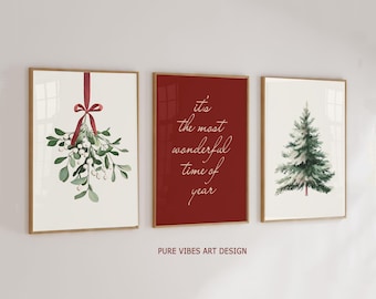Christmas Wall Art Set of 3, Printable Winter Holiday Decor, Festive Christmas Tree Digital Download Prints