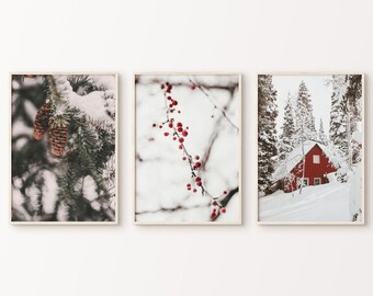 Winter Theme Prints Set of 3, Printable Nordic Wall Art, Snowy Christmas Poster, Winter Forest 3 Pieces Wall Art, Nature Photography Print