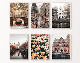 Printable Set of 6 Amsterdam Photography, Autumn Amsterdam Print, Holland Tulip Poster, Europe Cityscape 6 Pieces Large Wall Art, Fall Decor