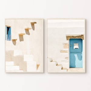 Santorini 2 Pieces Wall Art, Printable Muted Greece Set of 2 Prints, Boho Neutral Mediterranean Photography, Coastal Travel Poster Set