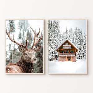 Winter Fotografie, druckbare verschneite Landschaft, 2 Stück, nordischer Wald, Wandkunst, Weihnachtsfeiertage, Rehlein