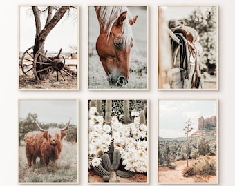 Ensemble imprimable de 6 impressions bohèmes du sud-ouest, grande art mural vache Highland, ensemble mural de galerie western rustique, photographie de ferme, affiche de cheval