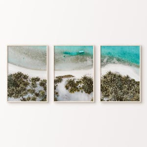 Aerial Beach Set of 3 Split Prints, Printable Coastal Photography, Palm Tree Poster, Seascape 3 Pieces Large Wall Art, Ocean Split Prints