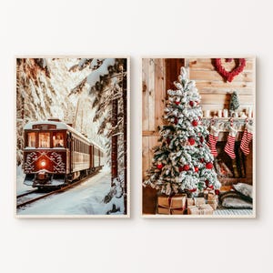 Conjunto de 2 impressões de Natal, fotografia de inverno, pôster de paisagem nevada para impressão, arte de parede de 2 peças de floresta nórdica, decoração de feriados de Natal