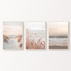 Arte de pared costero, juego de 3 impresiones de playa bohemia, arte de pared imprimible de olas del océano, fotografía de playa tranquila y silenciosa, póster de paisaje marino en colores pastel