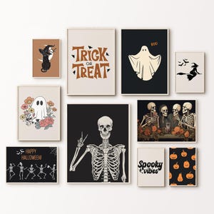 Juego de 10 impresiones de Halloween para pared, diseño de esqueleto divertido, decoración espeluznante para el hogar, arte de Halloween imprimible, impresión de fantasmas, descarga instantánea