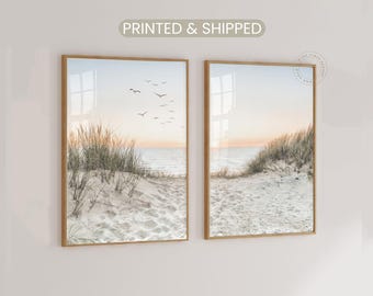 Pastel Beach Dune Prints Set of 2, Coastal Sunset Art, Boho Seascape Photography, Mailed Canvas Art
