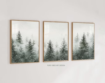 Schneelandschaft 3er-Set, Wald Winter Aquarell Wandkunst, Weihnachtsferien Bauernhaus Dekor, digitaler Download