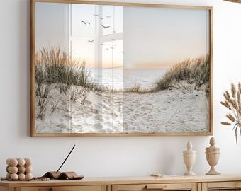 Neutral Coastal Wall Art, Printable Beach Landscape Photography, Seascape Poster, Ocean Large Wall Art, Calm Beach Dunes Digital Print