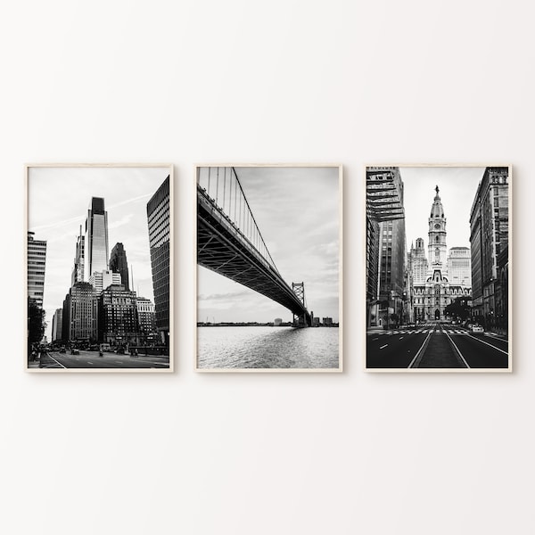 Philadelphia Printable Set of 3 Photography, Black & White Philadelphia City Hall Print, Philly 3 Pieces Large Wall Art, Skyline City Print