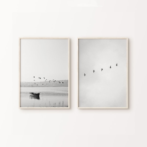 Ensemble imprimable de 2 photographies de lac en noir et blanc, impression de volée d'oiseaux, ensemble de 2 impressions côtières, affiche de bateau, art mural paysage calme