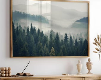 Mountain Forest Photography, Printable Foggy Landscape Print, Misty Forest Large Wall Art, Nature Mountain Horizontal Poster - Digital Art