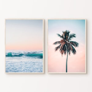 Paisaje marino imprimible, arte de pared de 2 piezas, conjunto costero neutro de 2 fotografías, póster moderno del océano, impresión de palmeras, decoración de cabañas de playa