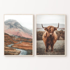 Highland Cow Art Set of 2 Prints, Nature Photography Printable Gallery Wall Set, Rustic Landscape Photography Print, Animal Large Wall Art