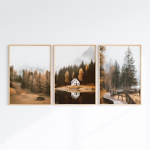 Arte mural de 3 piezas de bosque brumoso, conjunto de 3 impresiones de paisaje otoñal, póster de otoño imprimible, decoración de granja, fotografía de naturaleza de montaña