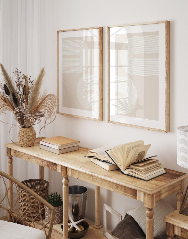 Set of 2 Neutral Boho Prints, Printable Mid-Century Modern 2 Pieces Wall Art, Beige Wall Prints, Abstract Boho Wall Decor, Digital Download image 2