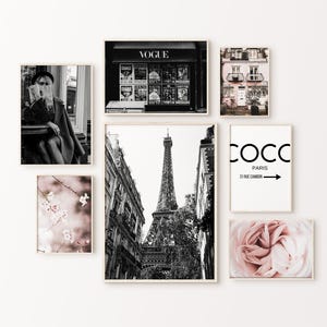 Paris Gallery Wall Set, French Fashion Printable Photography Set of 7 Prints, Eiffel Tower Poster, Pink Peony Wall Art, Typography Poster