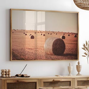 Rustic Hay Bales Wall Print, Printable Farmhouse Nature Wall Art, Western Landscape Photography Print, Large Wall Art, Cornfield Art Print
