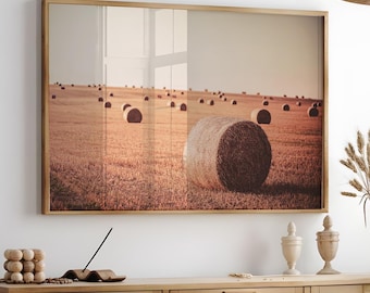 Rustic Hay Bales Wall Print, Printable Farmhouse Nature Wall Art, Western Landscape Photography Print, Large Wall Art, Cornfield Art Print
