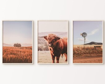 Ensemble de 3 imprimés vache Highland, impression de la nature ferme de la ferme, galerie murale, impression de photographie de paysage occidental, grande oeuvre d'art murale rustique