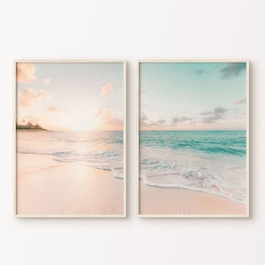 Conjunto imprimible de 2 fotografías de playa divididas, olas del océano (2 piezas), arte mural grande, impresiones de playa al atardecer, póster costero, impresiones de playa tranquila