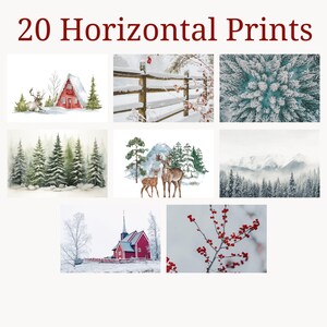 Pu&ograve; includere: Una collezione di 20 stampe orizzontali con scene invernali. Le stampe presentano illustrazioni ad acquerello di paesaggi innevati, tra cui una baita rossa, cervi, alberi innevati e una chiesa. Il testo "20 Horizontal Prints" &egrave; in alto.