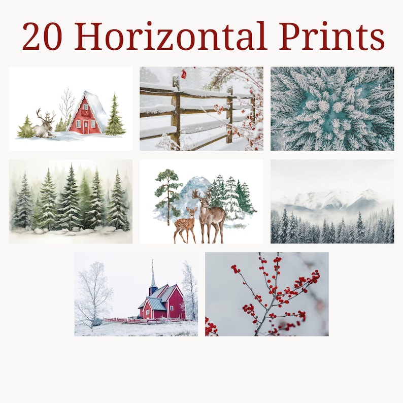 Pu&ograve; includere: Una collezione di 20 stampe orizzontali con scene invernali. Le stampe presentano illustrazioni ad acquerello di paesaggi innevati, tra cui una baita rossa, cervi, alberi innevati e una chiesa. Il testo "20 Horizontal Prints" &egrave; in alto.