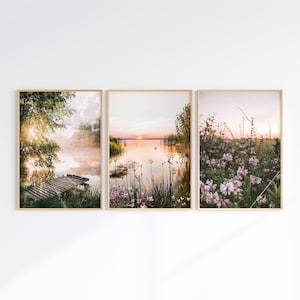 Nature Set of 3 Photography, Printable Wildflowers 3 Pieces Wall Art, Green Nature Print Set, Forest Mountain Landscape Digital Download Art
