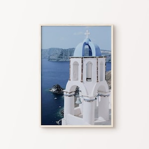 Fotografía de Santorini, Arte mural imprimible de Grecia, Impresión digital de una iglesia griega, Impresión de paisaje mediterráneo, Arte mural costero griego