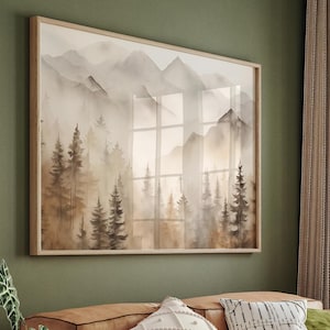 Bergbos print, afdrukbare mistig landschap poster, mistig bos grote muurkunst, natuur schilderij, herfst pijnbomen kunst aan de muur