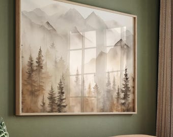 Impresión de bosque de montaña, póster imprimible de paisaje brumoso, arte mural grande de bosque brumoso, pintura de naturaleza, arte mural de pinos otoñales