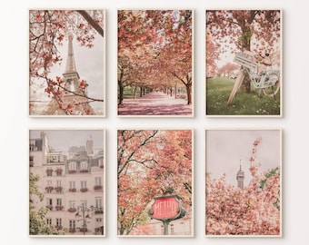 Set of 6 Paris Printable Photography 6 Pieces Wall Art, Boho Pastel Paris Print Gallery Wall Set, Floral Paris Poster, Vintage Travel Poster