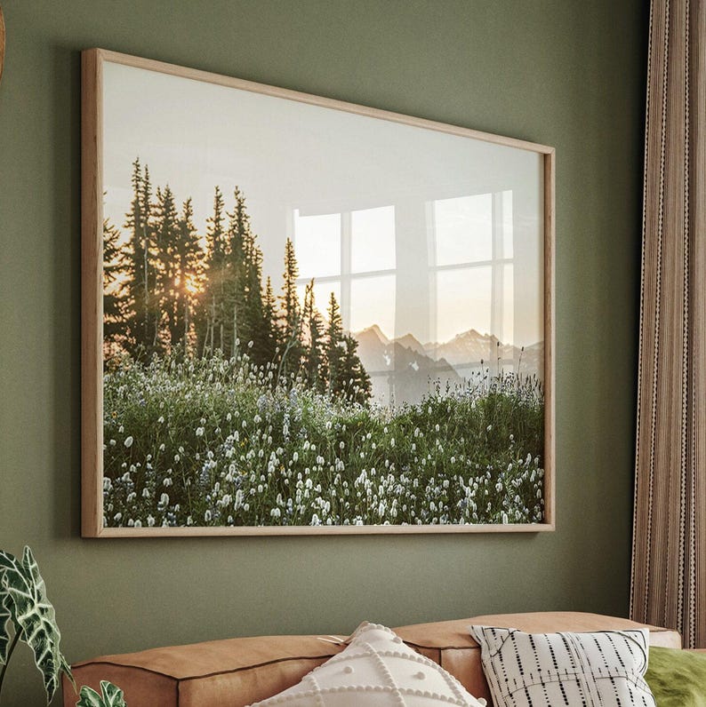 Printable Wildflowers Photography, Sunset Nature Landscape Large Wall Art, Green Nature Digital Print, Nordic Forest Wall Art, Instant Download