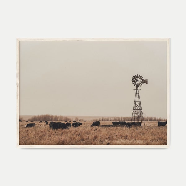 Southwest Farm Landscape Print, DIGITAL Cattle Wall Art, Rustic Farmhouse Wall Decor, Fog Western Windmill Photography, Texas Cowboy Poster