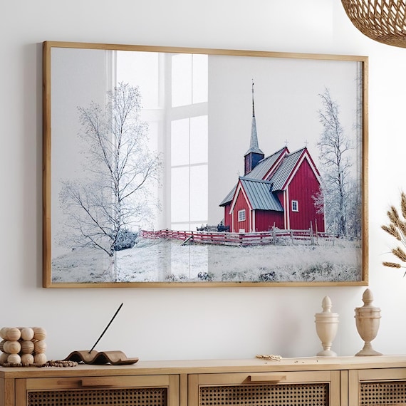 Winter Landscape Print, Printable Nordic Church Wall Art, Snowy Christmas Poster, Winter Wonderland Wall Art, Snowy Nature Photography Print