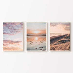Printable Calm Beach Set of 3 Prints, Blush Tones Sky Photography, Boho Coastal Landscape 3 Pieces Wall Art, Sunset Nature Large Wall Art