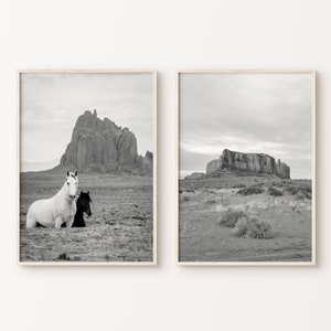 Horses Photography Desert Prints Set of 2, Black and White Arizona Desert 2 Pieces Wall Art, Wild Horses Poster, Southwestern Large Wall Art