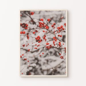 Printable Winter Red Berries Photography, Snowy Landscape Large Wall Art, Winter Mountain Print, Winter Theme Cabin Decor, Digital Art