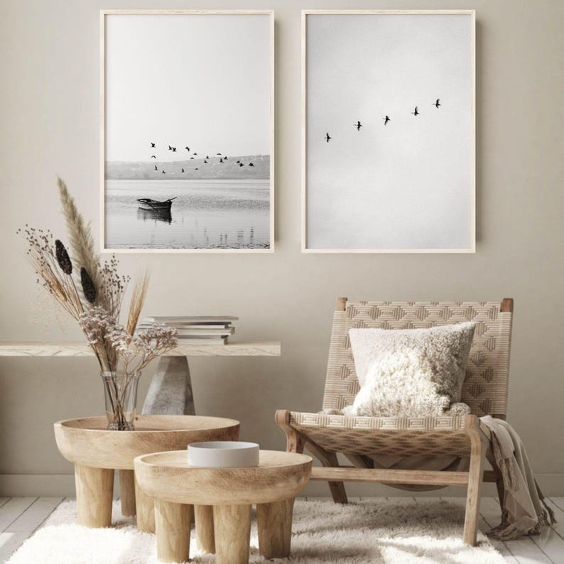 Druckbares Set aus 2 schwarzweißen Seebildern, Vogelschwarm Druck, Küstenlandschaft, Vogelschwarm Fotografie Bild 6