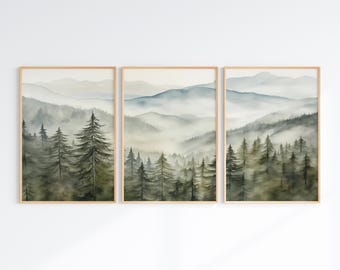 Mountain Forest Prints Set of 3, Printable Foggy Landscape Poster, Misty Forest 3 Pieces Wall Art, Nature Painting, Pine Trees Triptych
