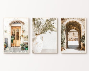 May include: Set of three framed art prints featuring a floral shop entrance, a white vase with greenery, and an arched stone doorway. The prints have a neutral color palette with a vintage aesthetic.