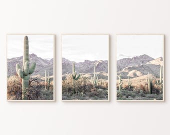 Zestaw 3 pustynnych wydruków artystycznych, 3-częściowy obraz ścienny z motywem kaktusa, zestaw ścienny Boho Gallery, sztuka pustyni w Arizonie, plakat fotograficzny do druku, duża sztuka ścienna