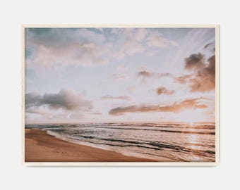 Sunset Beach DIGITAL Print, Ocean Waves Print, Sunset Coastal Photography, Ocean Poster, Printable Large Wall Art, Calm Beach Print