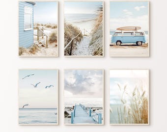 Set da parete con galleria Boho Beach, 6 pezzi di arte murale costiera stampabile, fotografia di paesaggi oceanici, arte con erba Pampass, set da 6 poster sulla spiaggia