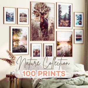 Op de afbeelding: Een verzameling ingelijste natuurprints, waaronder landschappen, een paard in een veld en een meerzicht. De tekst "Nature Collection" en "100 Prints" staan onder de ingelijste prints. De lijsten zijn lichtbruin.