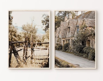 Conjunto de 2 impressões de campo francês para impressão, 2 peças de arte de parede grande para campo francês, decoração rústica de fazenda, fotografia de vila provençal